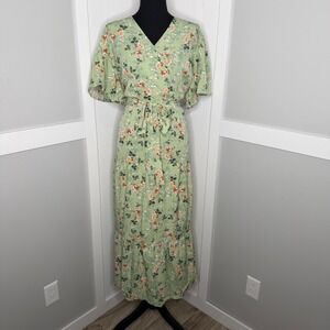 Yesfashion Maxi Dress Women 2XL Green Floral Faux Wrap Tiered Short Sleeve NEW